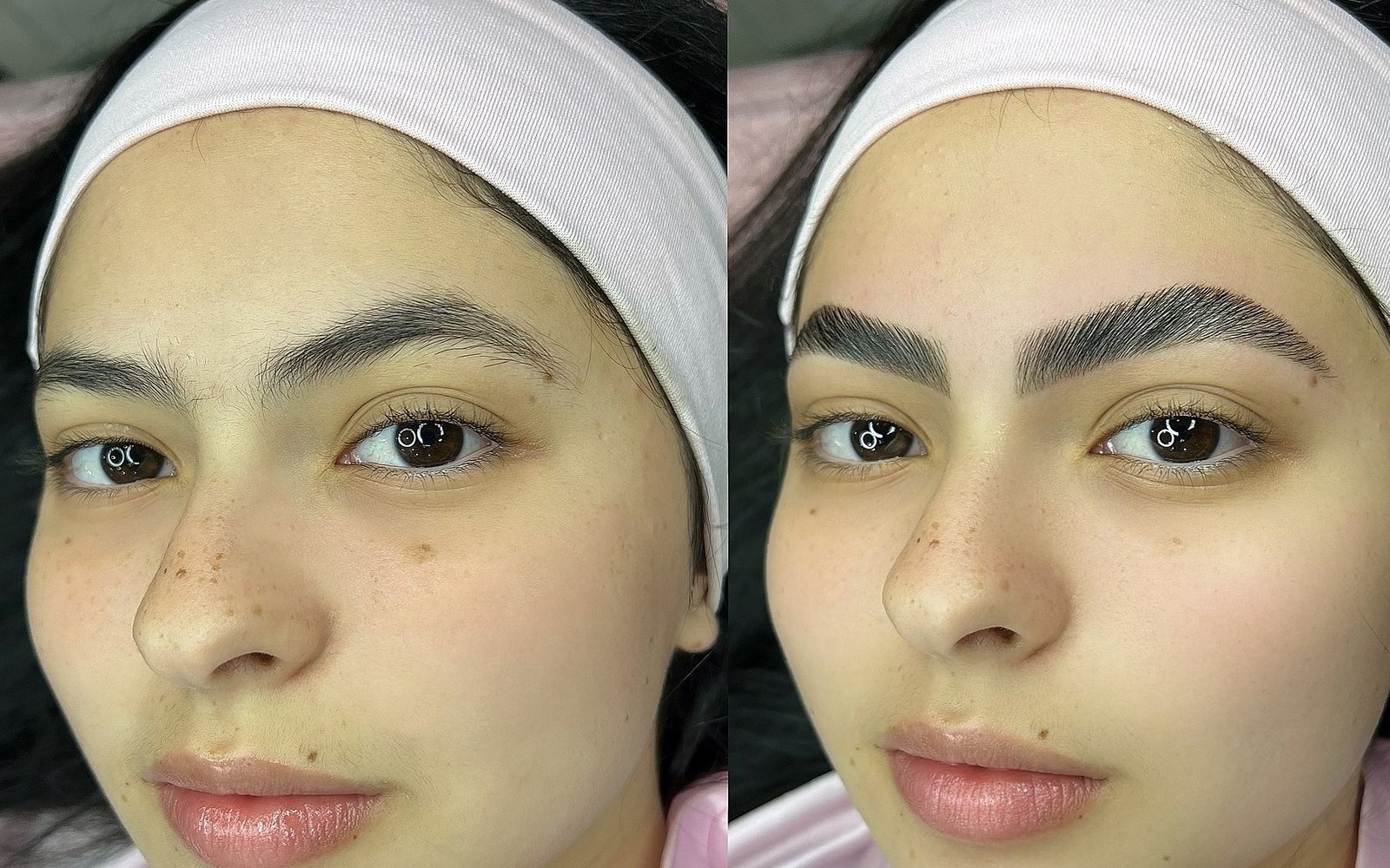 A mesma cliente antes e depois da Flawless Lamination: sobrancelha rala à esquerda, cheia e penteada à direita