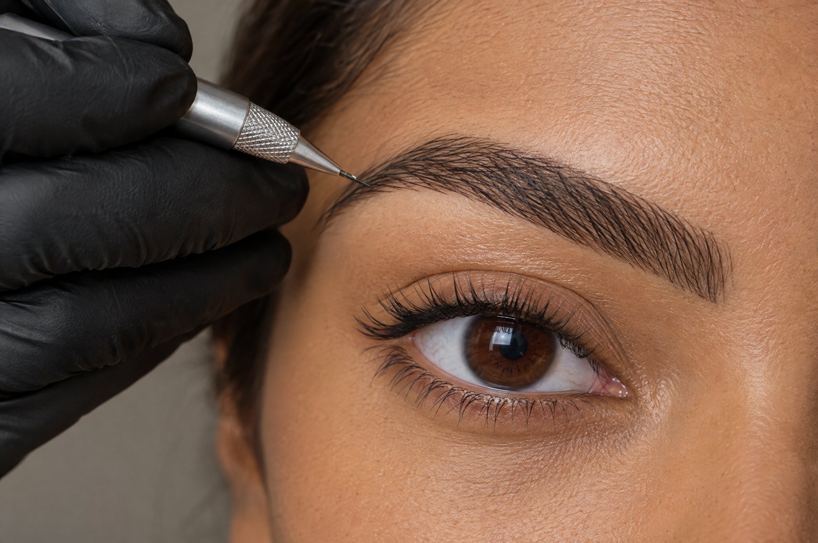 Caneta de nanopigmentação desenhando fios finos entre os pelos naturais da sobrancelha