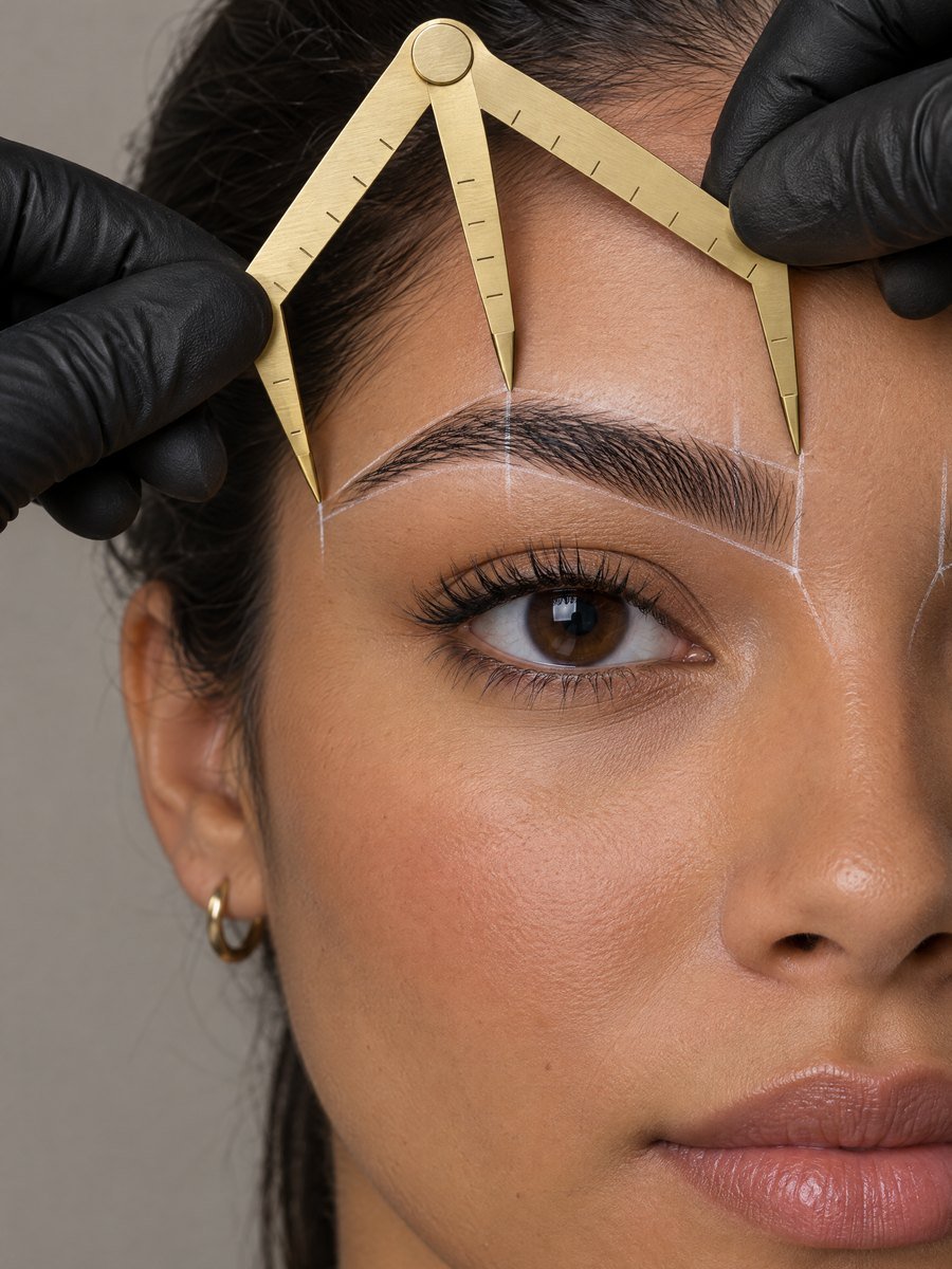 Profissional de luvas pretas medindo a proporção da sobrancelha com um paquímetro dourado